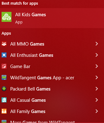 Windows Search listing multiple search results for games among installed apps, including multiple categories of games and both the Packard Bell and WildTangent Games apps