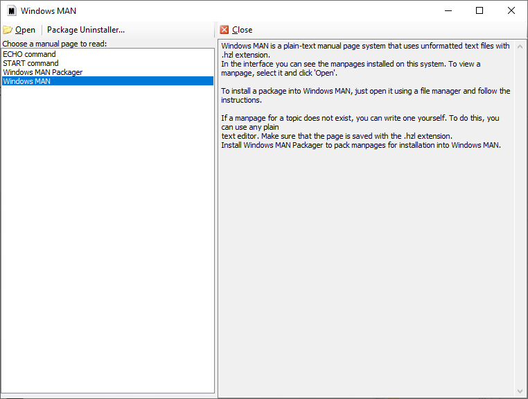 screenshot of the main user interface of Windows MAN displaying an official manpage in the right pane